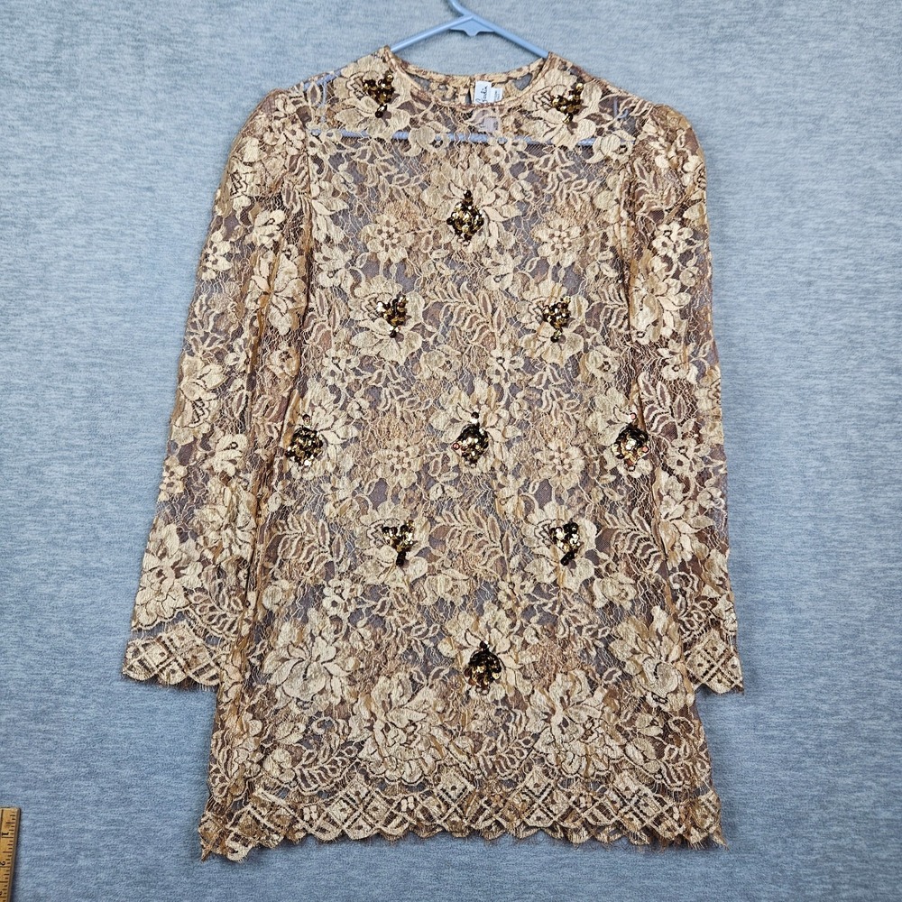 Annemarie Gardin Golden Sequin Lace Floral Printed Mock Neck Blouse Sz 12
